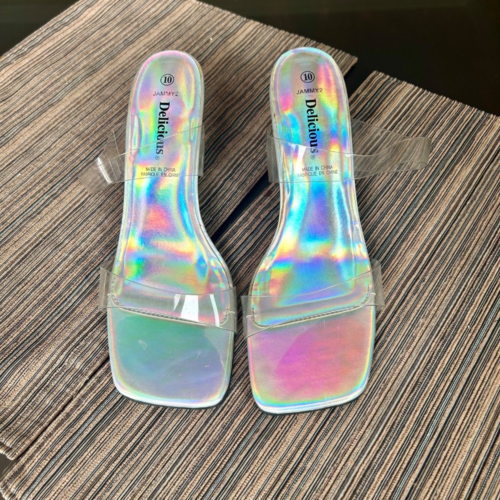 Delicious Translucent Strap Sandals, Holographic Sole & Lucite Heels Size 10 - Picture 2 of 6
